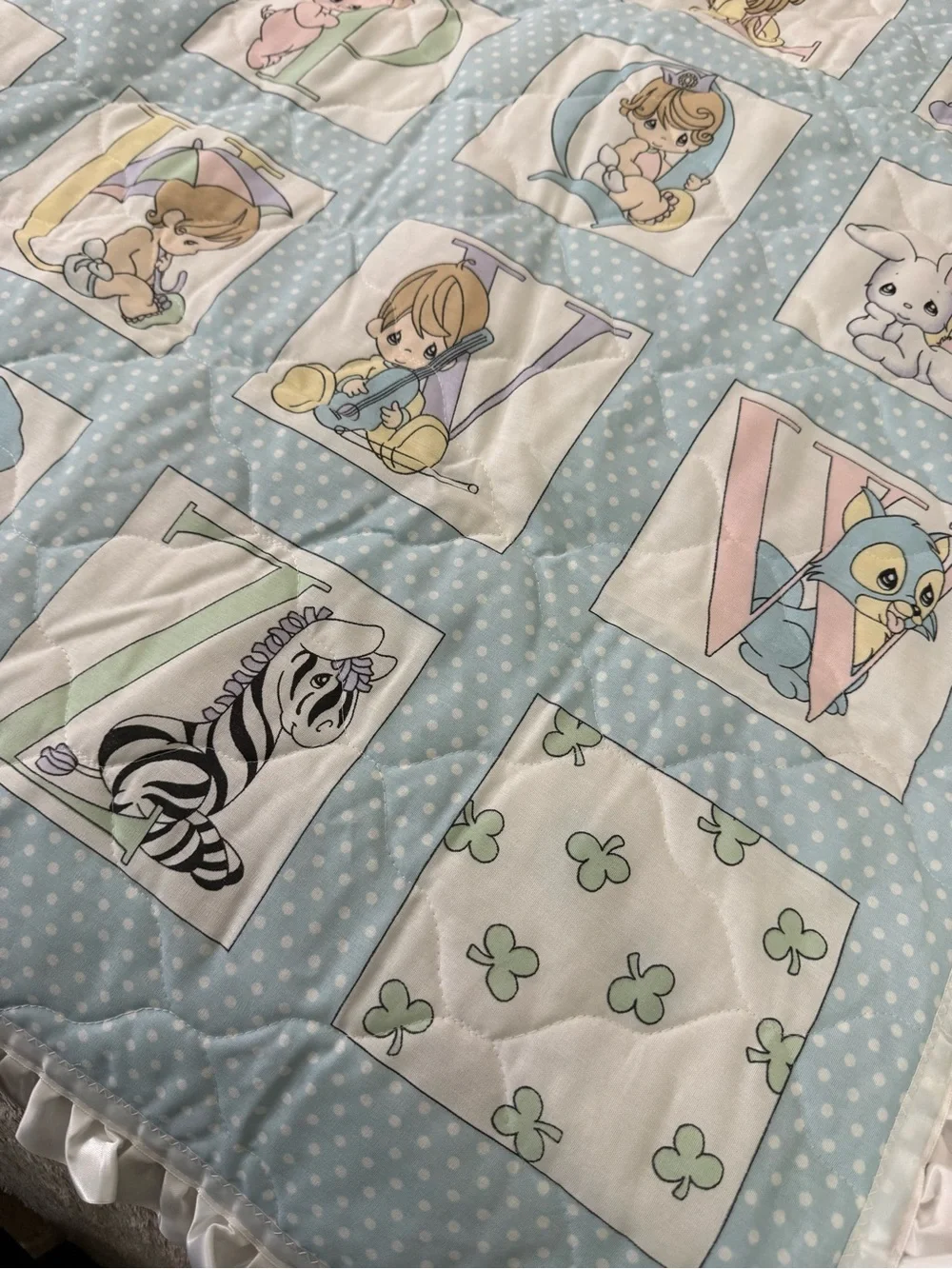 Vintage Precious Moments Alphabet Baby Blanket With Ruffle Border